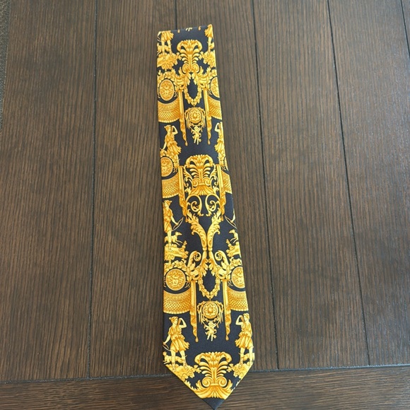 Vintage Versace Black and Gold Baroque Print Silk Tie